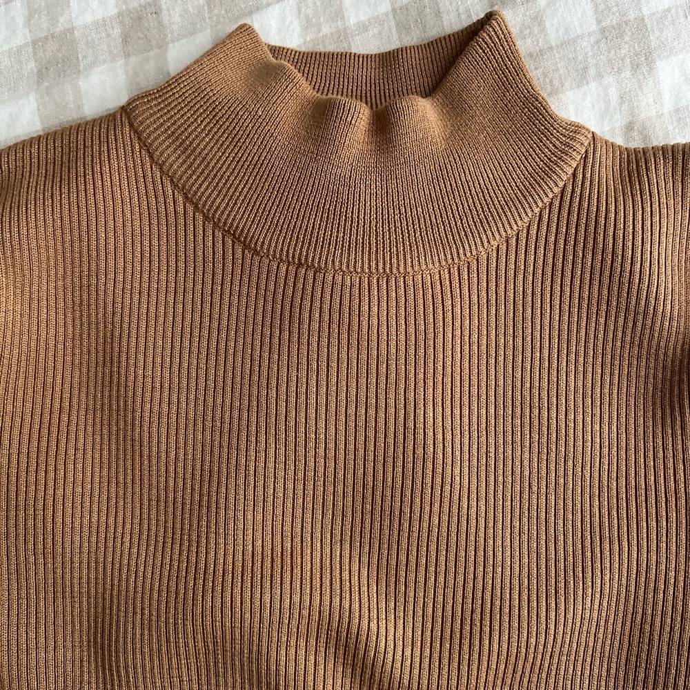 Coldwater Creek Silk Cotton Ribbed Mock Turtleneck Camel Layering Basic - Picture 4 of 5